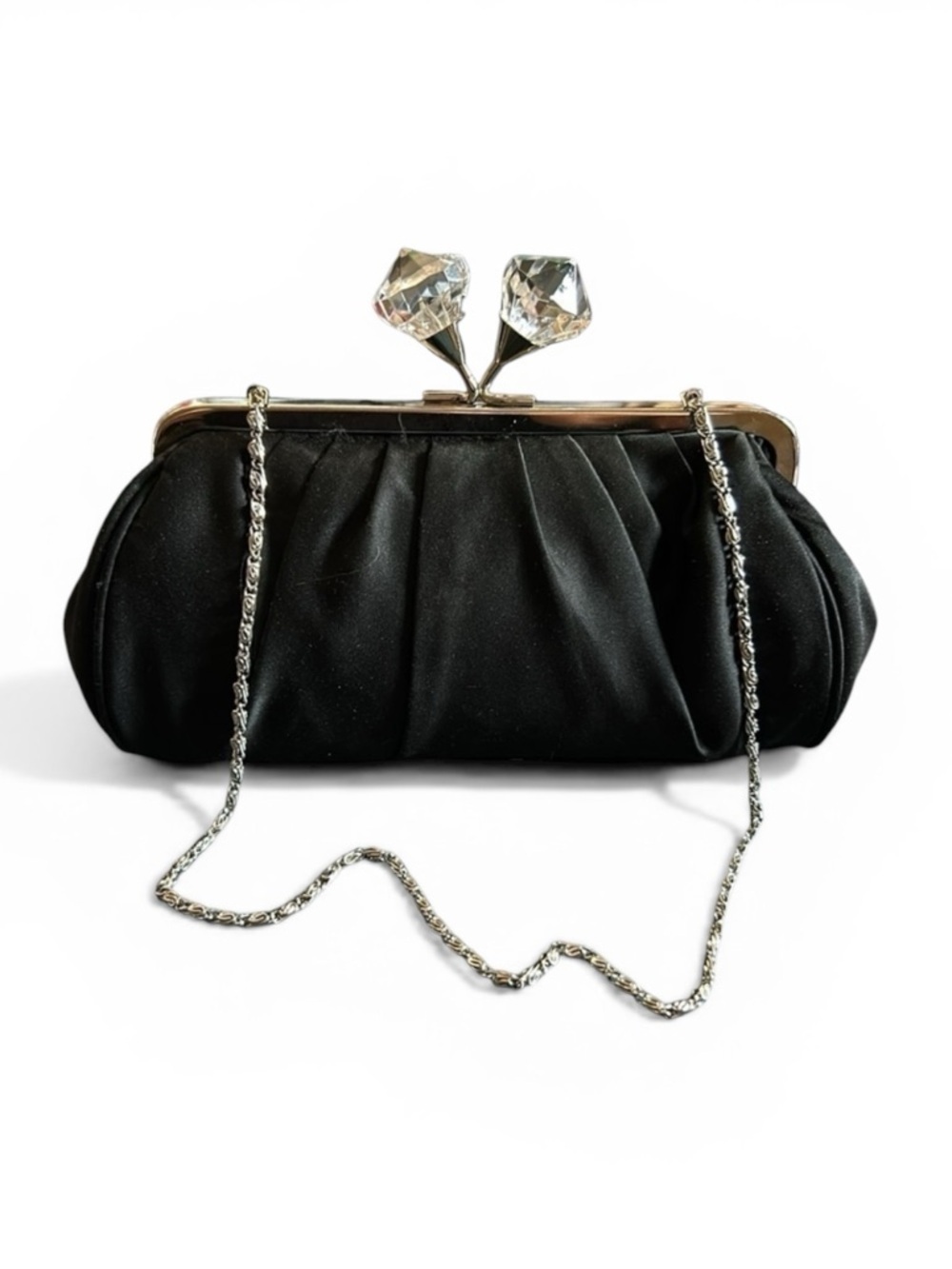 Lulu Townsend Clutch Purse Black Satin Evening Formal Bag with Acrylic Gem Clasp